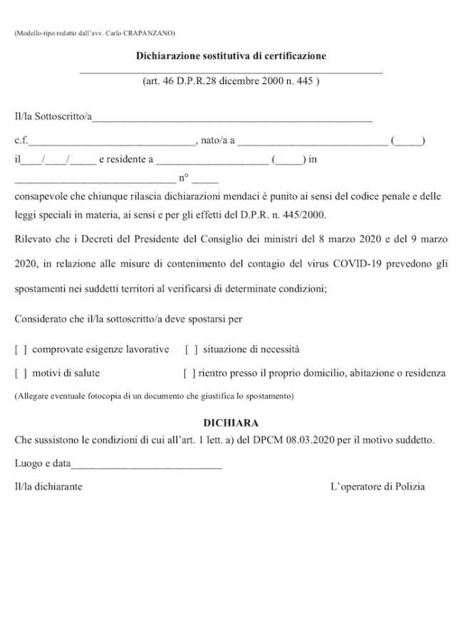 Autocertificazione Covid 19
